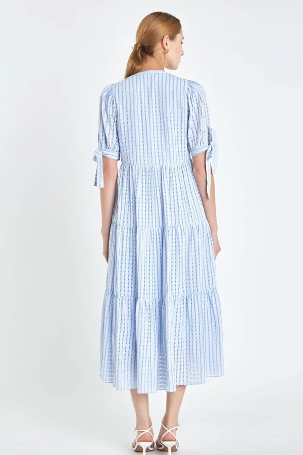 ENGLISH FACTORY Tops*- Gingham Tiered Midi Dress with Bow Tie Sleeves