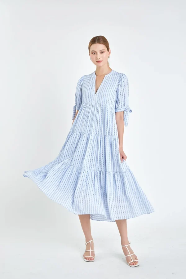 ENGLISH FACTORY Tops*- Gingham Tiered Midi Dress with Bow Tie Sleeves
