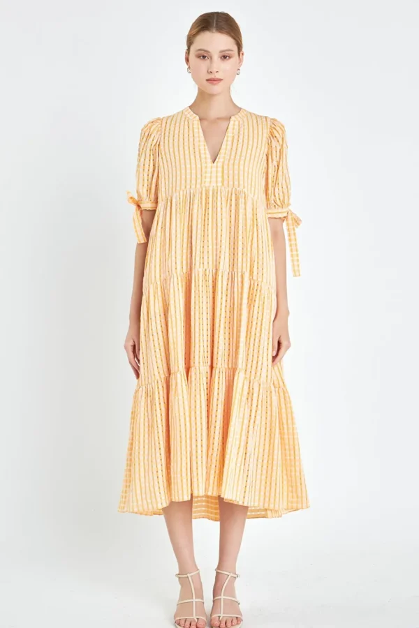 ENGLISH FACTORY Tops*- Gingham Tiered Midi Dress with Bow Tie Sleeves