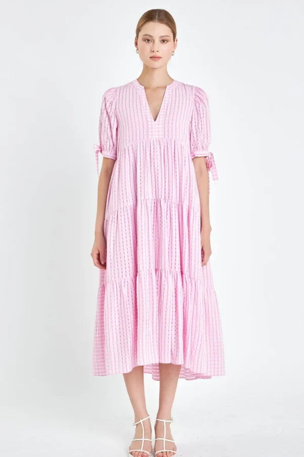 ENGLISH FACTORY Tops*- Gingham Tiered Midi Dress with Bow Tie Sleeves