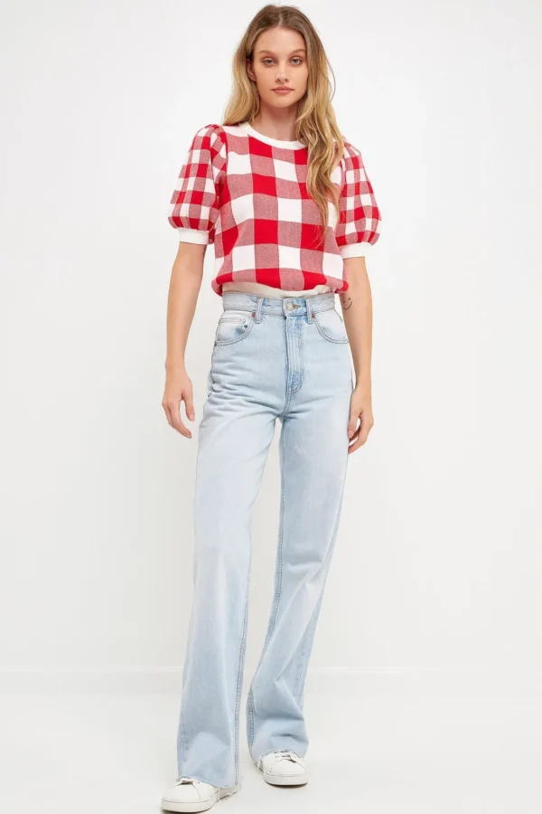 ENGLISH FACTORY Tops*- Gingham Puff Sleeve Knit Top
