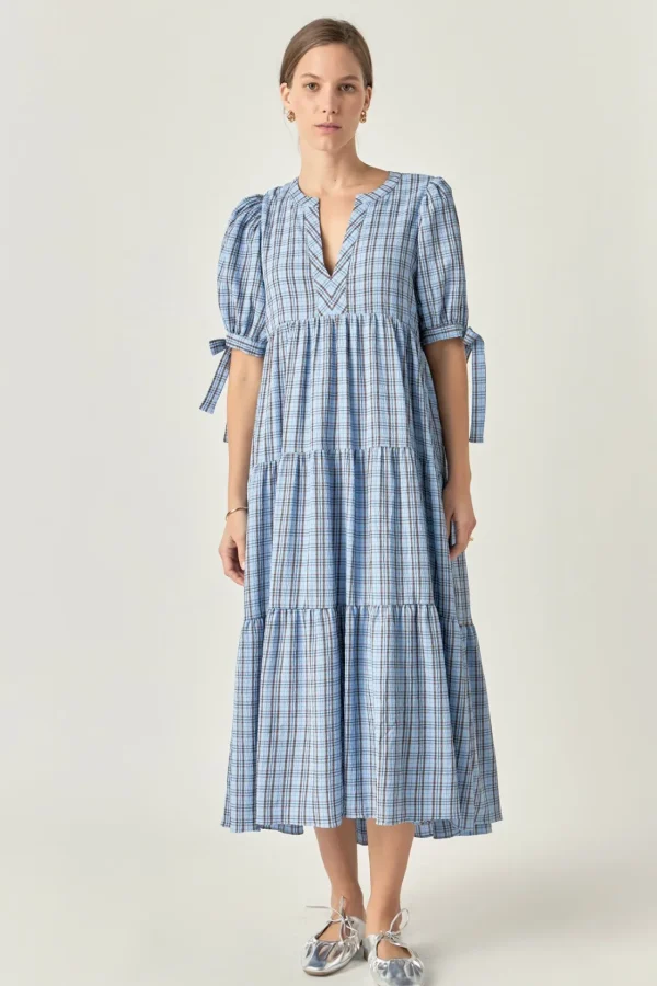 ENGLISH FACTORY Tops*- Gingham Tiered Dress with Bow-Tie Sleeves