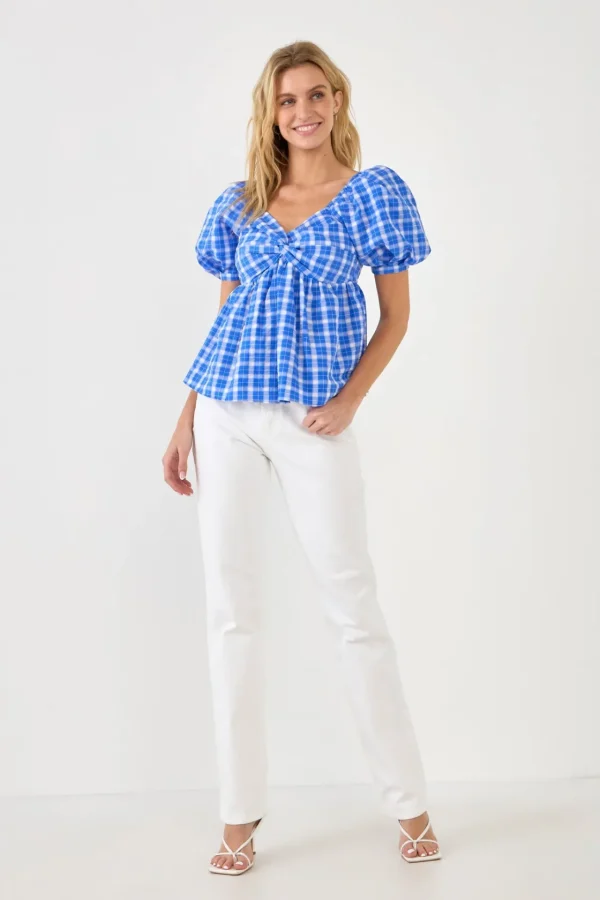 ENGLISH FACTORY Tops*- Gingham Twisted Puff Sleeve Top