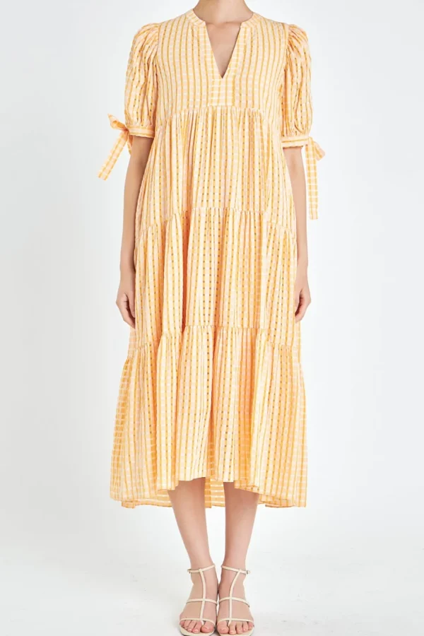 ENGLISH FACTORY Tops*- Gingham Tiered Midi Dress with Bow Tie Sleeves