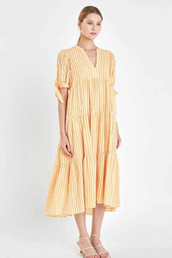 ENGLISH FACTORY Tops*- Gingham Tiered Midi Dress with Bow Tie Sleeves