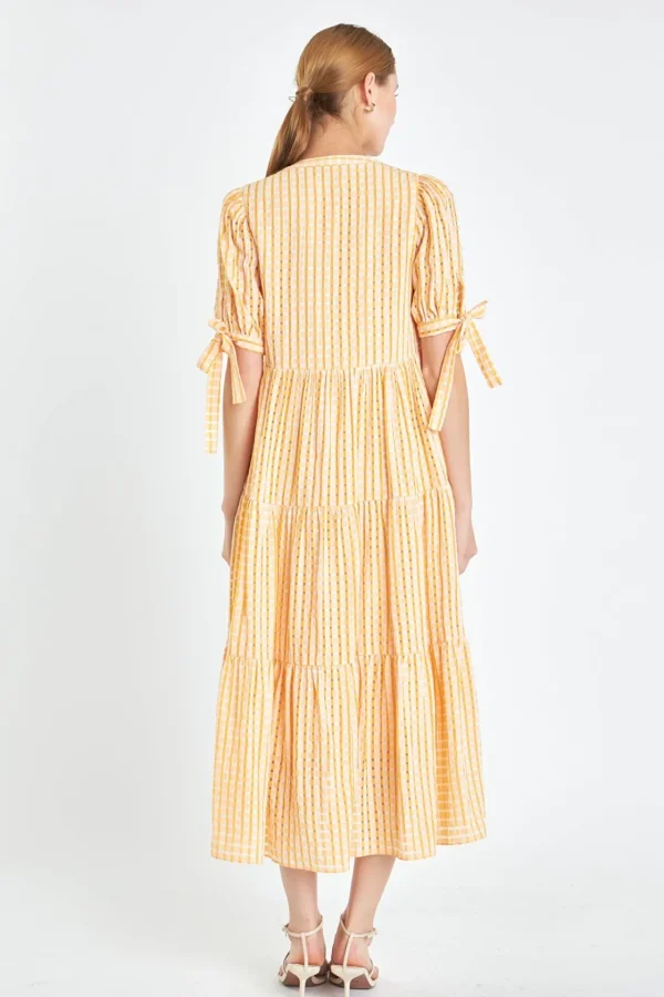 ENGLISH FACTORY Tops*- Gingham Tiered Midi Dress with Bow Tie Sleeves