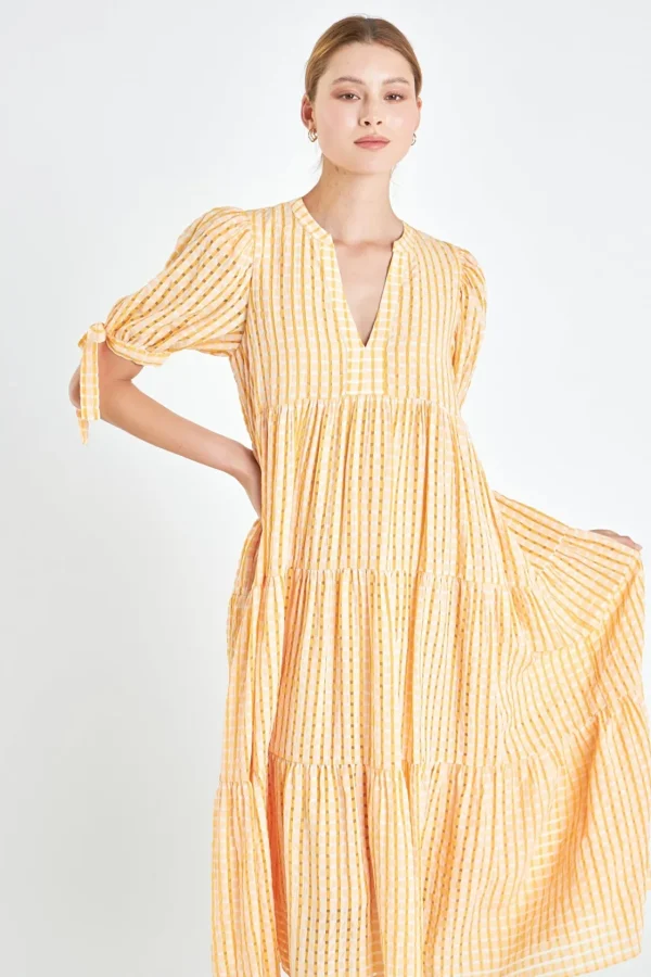 ENGLISH FACTORY Tops*- Gingham Tiered Midi Dress with Bow Tie Sleeves