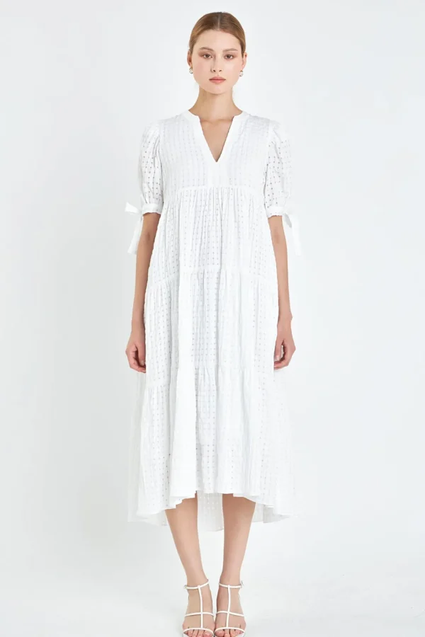 ENGLISH FACTORY Tops*- Gingham Tiered Midi Dress with Bow Tie Sleeves