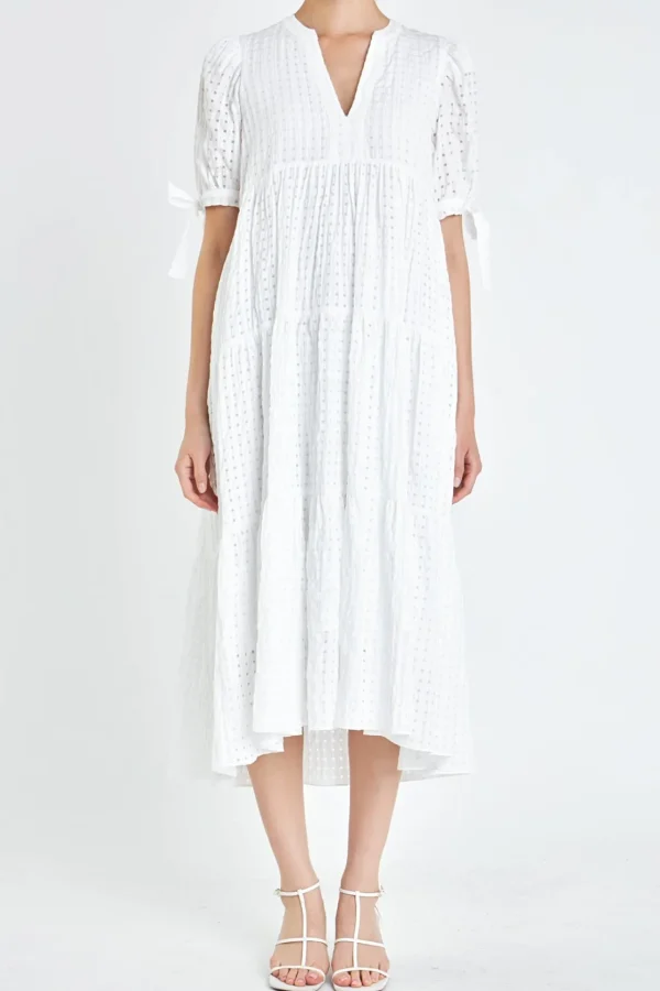 ENGLISH FACTORY Tops*- Gingham Tiered Midi Dress with Bow Tie Sleeves