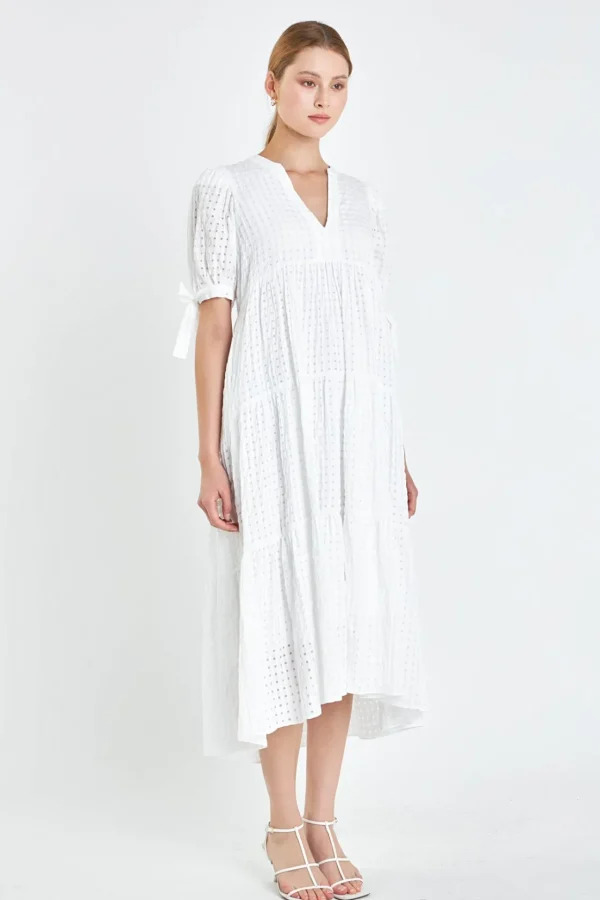 ENGLISH FACTORY Tops*- Gingham Tiered Midi Dress with Bow Tie Sleeves