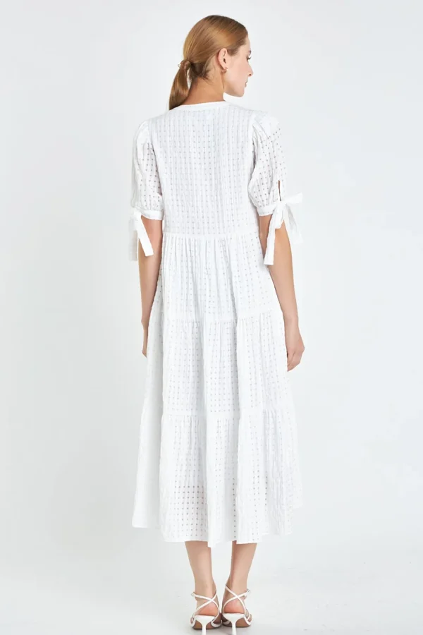 ENGLISH FACTORY Tops*- Gingham Tiered Midi Dress with Bow Tie Sleeves
