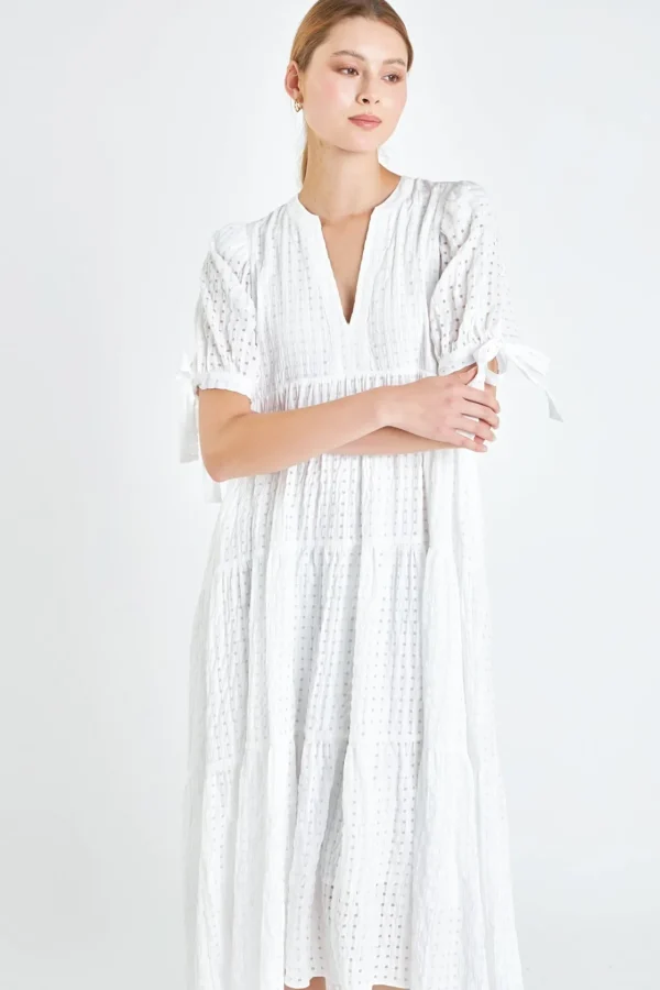 ENGLISH FACTORY Tops*- Gingham Tiered Midi Dress with Bow Tie Sleeves