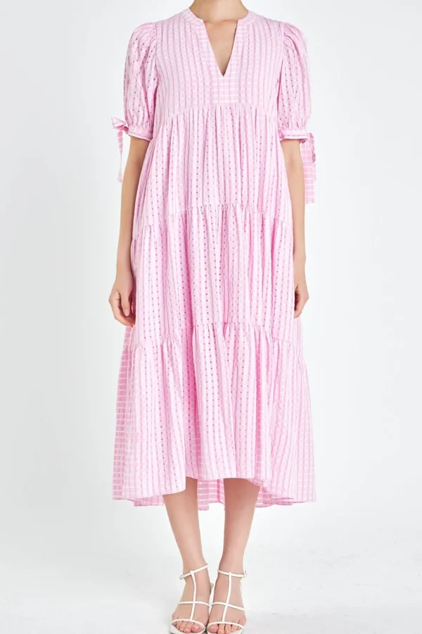 ENGLISH FACTORY Tops*- Gingham Tiered Midi Dress with Bow Tie Sleeves
