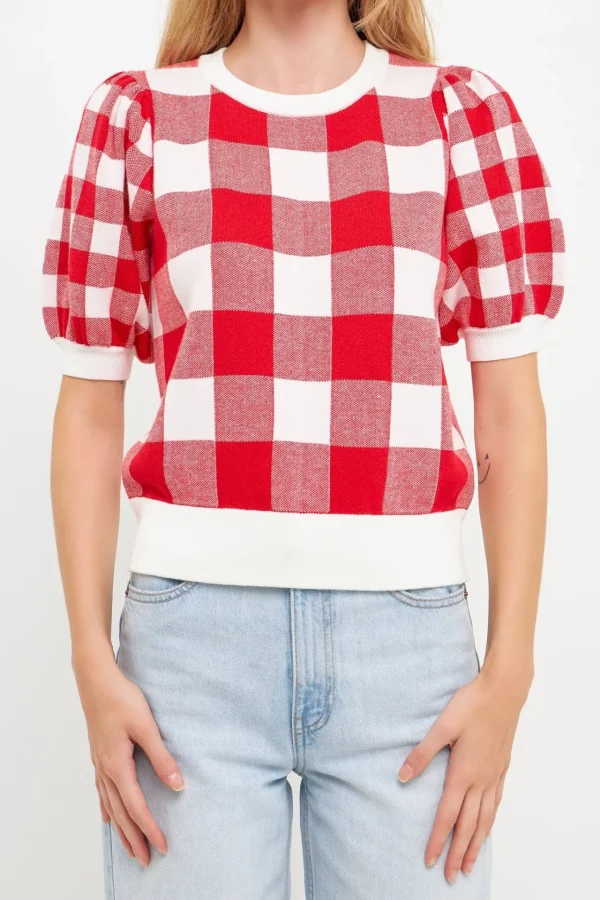 ENGLISH FACTORY Tops*- Gingham Puff Sleeve Knit Top