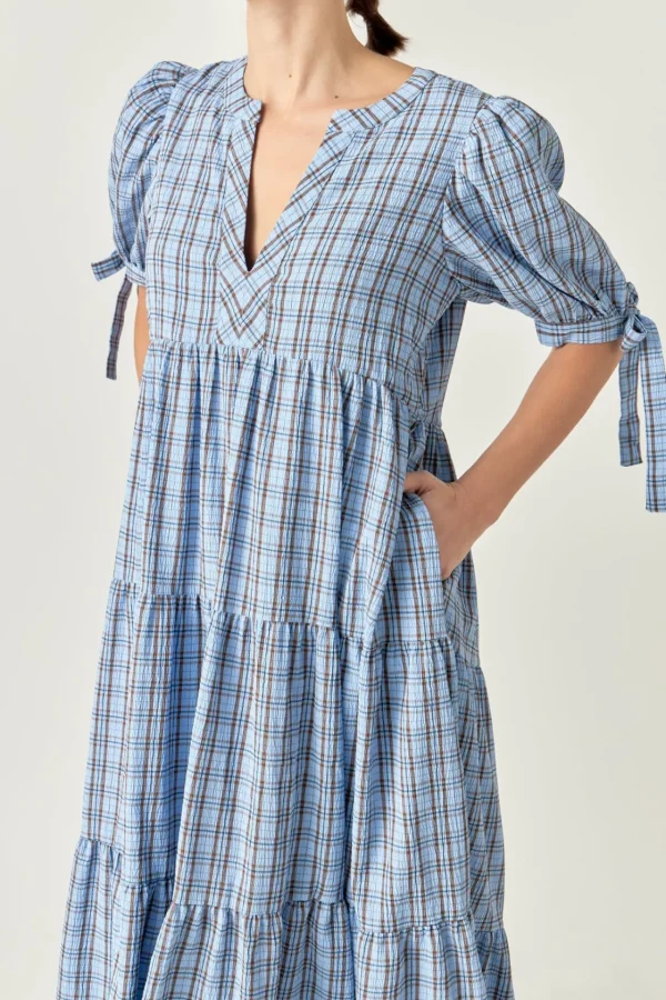 ENGLISH FACTORY Tops*- Gingham Tiered Dress with Bow-Tie Sleeves