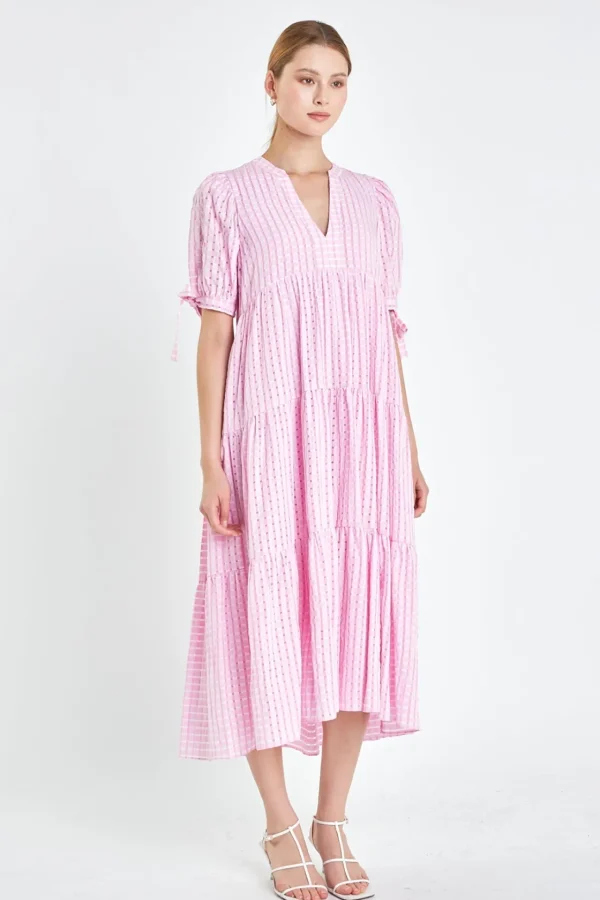 ENGLISH FACTORY Tops*- Gingham Tiered Midi Dress with Bow Tie Sleeves