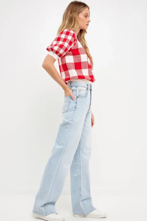 ENGLISH FACTORY Tops*- Gingham Puff Sleeve Knit Top