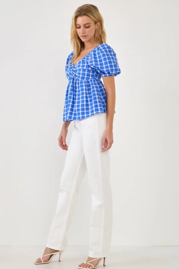 ENGLISH FACTORY Tops*- Gingham Twisted Puff Sleeve Top