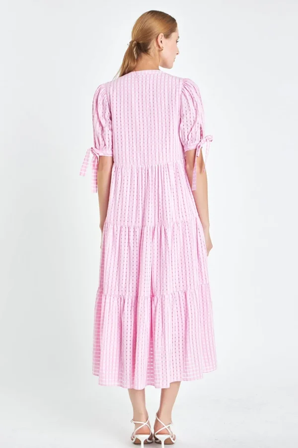 ENGLISH FACTORY Tops*- Gingham Tiered Midi Dress with Bow Tie Sleeves
