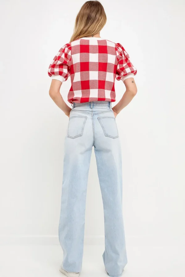 ENGLISH FACTORY Tops*- Gingham Puff Sleeve Knit Top