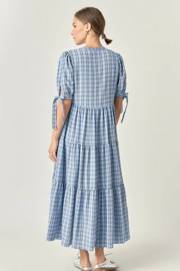 ENGLISH FACTORY Tops*- Gingham Tiered Dress with Bow-Tie Sleeves