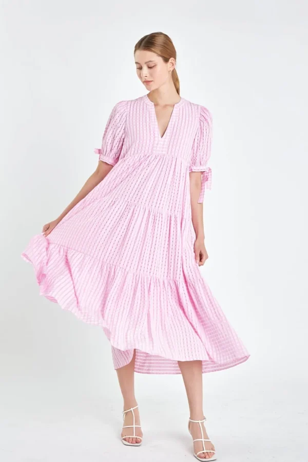 ENGLISH FACTORY Tops*- Gingham Tiered Midi Dress with Bow Tie Sleeves