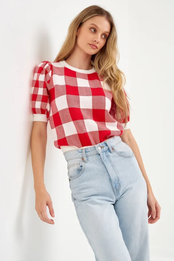 ENGLISH FACTORY Tops*- Gingham Puff Sleeve Knit Top