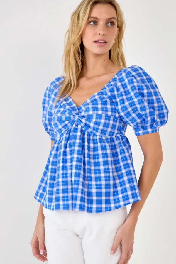 ENGLISH FACTORY Tops*- Gingham Twisted Puff Sleeve Top