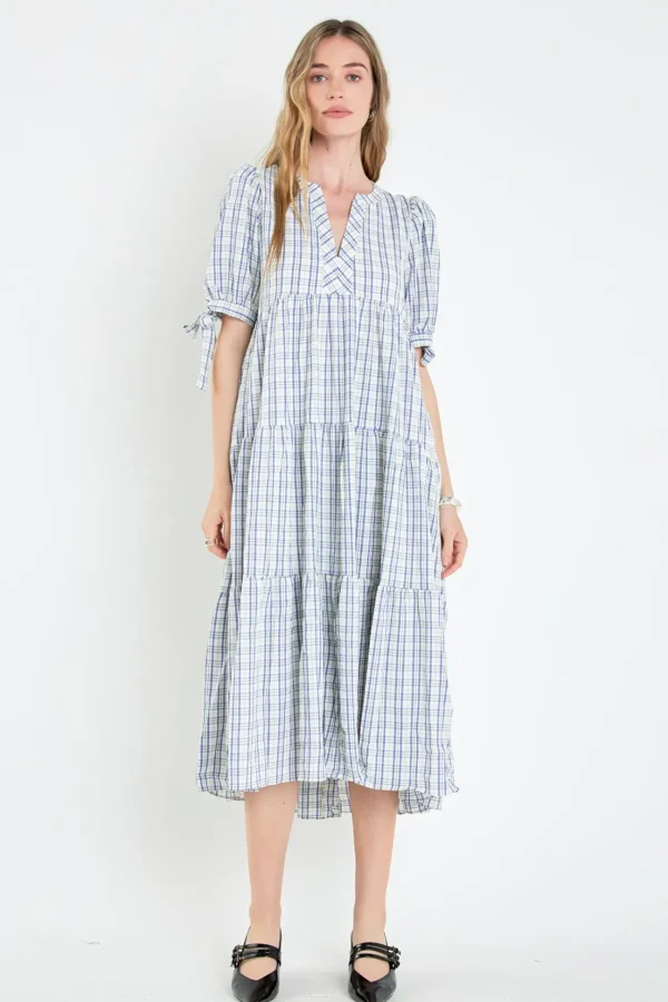 ENGLISH FACTORY Tops*- Gingham Tiered Dress with Bow-Tie Sleeves