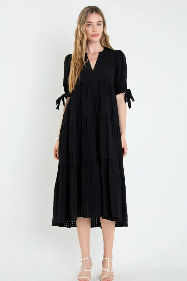 ENGLISH FACTORY Tops*- Gingham Tiered Midi Dress with Bow Tie Sleeves