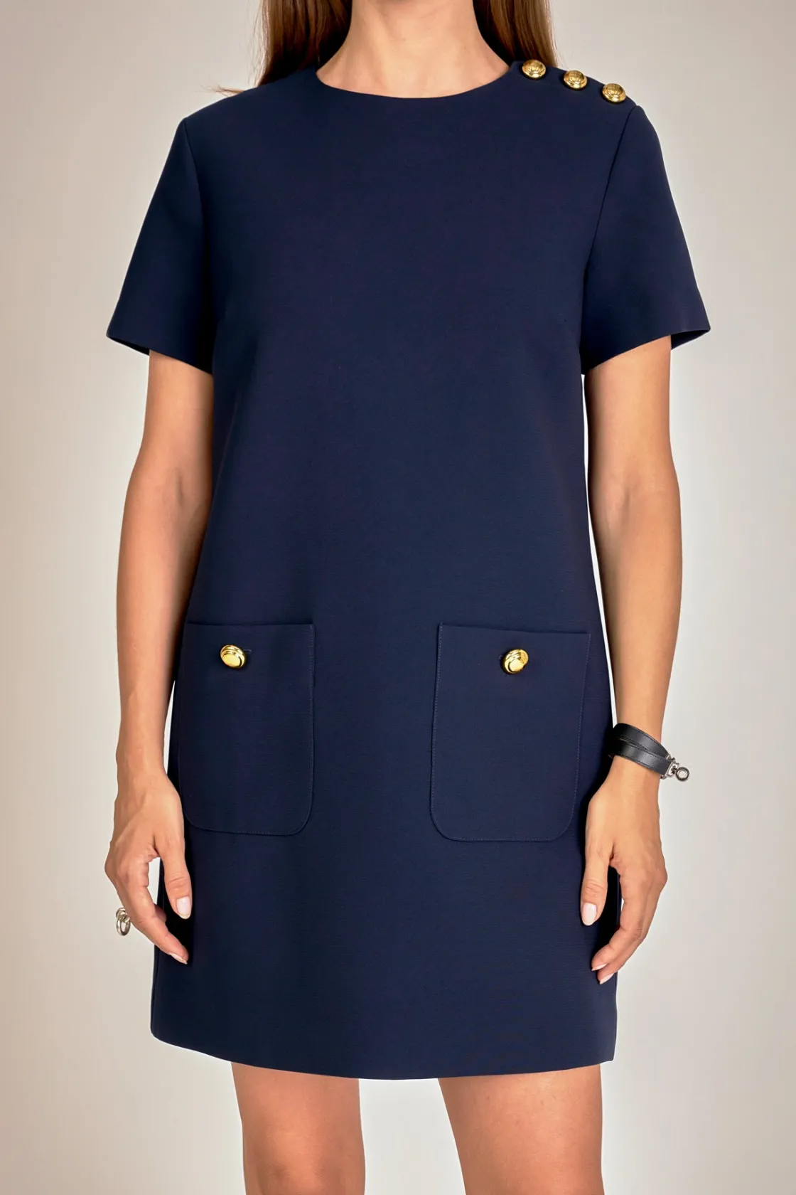 english_factory__gold_but_0.webp ENGLISH FACTORY Tops*- Gold Button Pointed Mini Dress NAVY