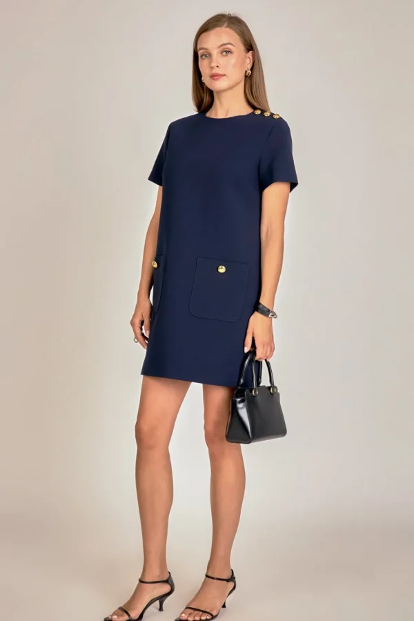 ENGLISH FACTORY Tops*- Gold Button Pointed Mini Dress NAVY
