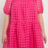 ENGLISH FACTORY Tops*- Gridded Puff Sleeve Dress FUCHSIA