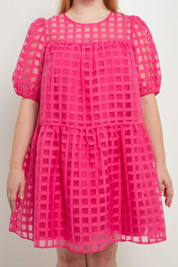 ENGLISH FACTORY Tops*- Gridded Puff Sleeve Dress FUCHSIA