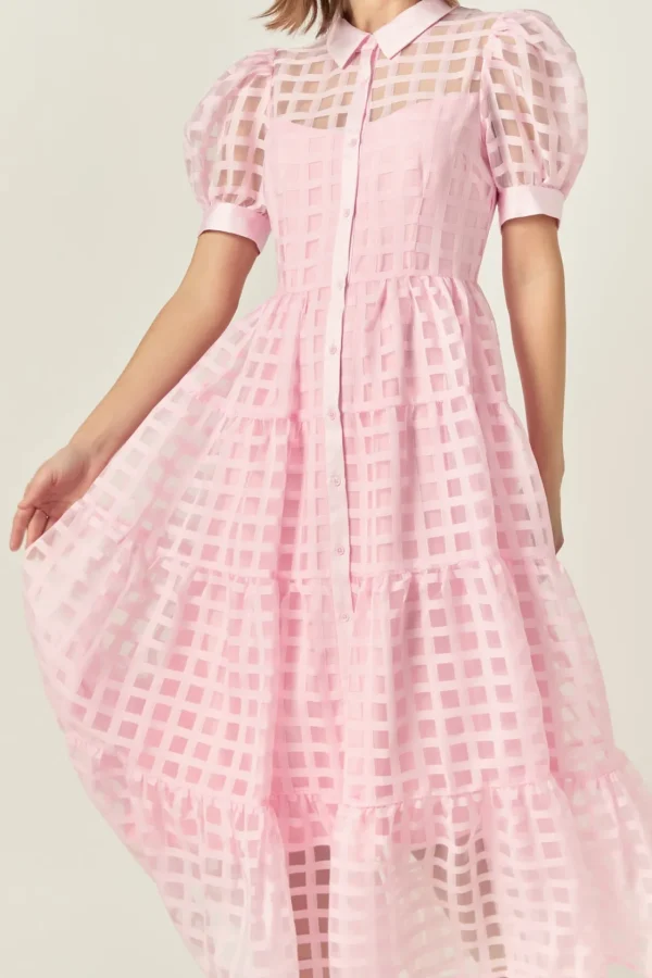 ENGLISH FACTORY Tops*- Gridded Organza Tiered Puff Sleeve Maxi Dress