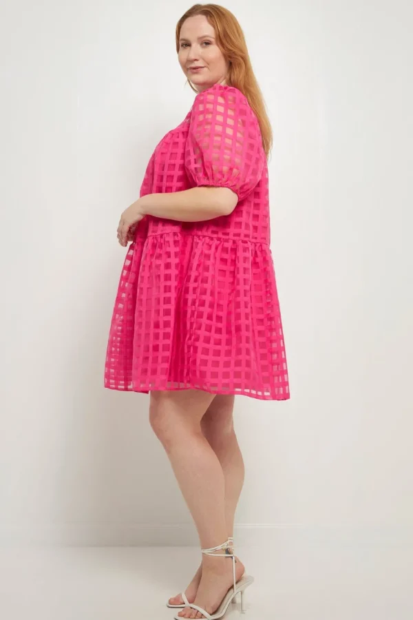 ENGLISH FACTORY Tops*- Gridded Puff Sleeve Dress FUCHSIA