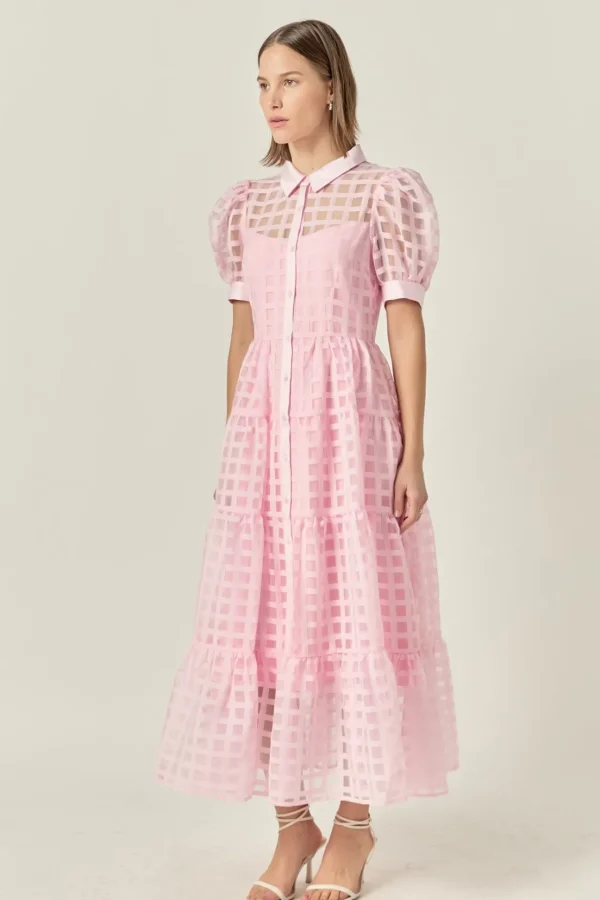 ENGLISH FACTORY Tops*- Gridded Organza Tiered Puff Sleeve Maxi Dress