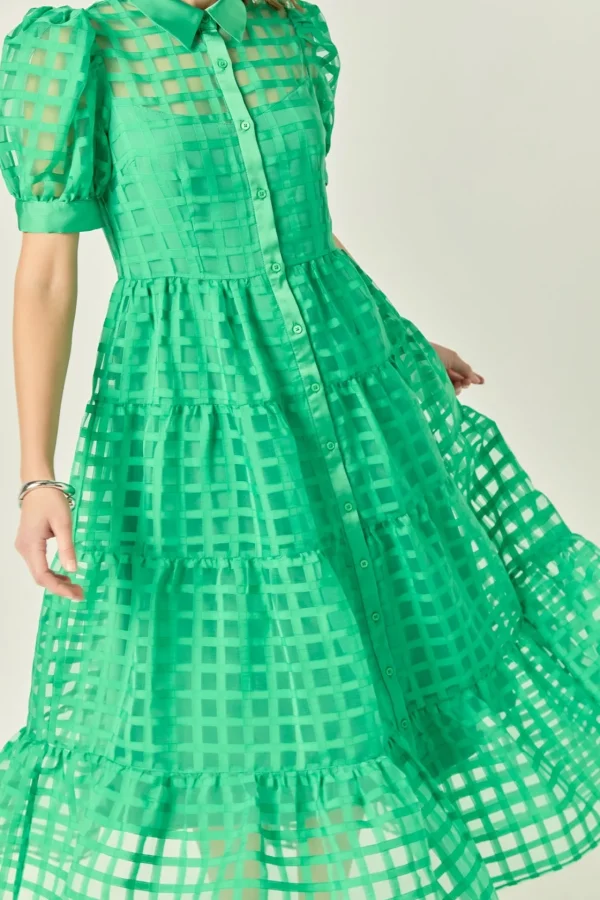 ENGLISH FACTORY Tops*- Gridded Organza Tiered Puff Sleeve Maxi Dress