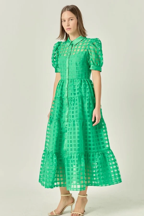 ENGLISH FACTORY Tops*- Gridded Organza Tiered Puff Sleeve Maxi Dress