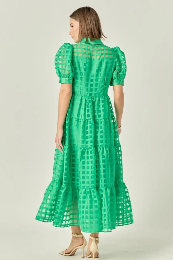ENGLISH FACTORY Tops*- Gridded Organza Tiered Puff Sleeve Maxi Dress