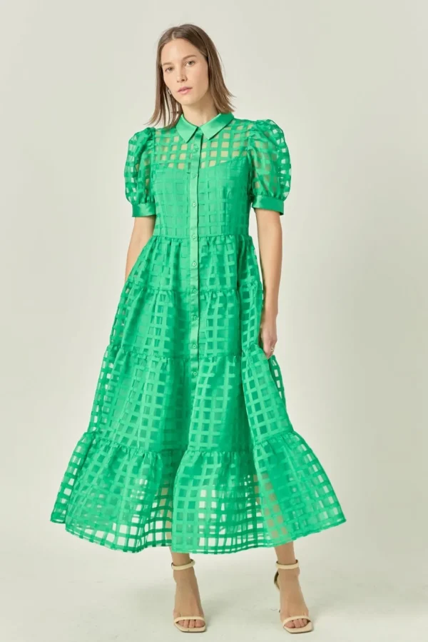ENGLISH FACTORY Tops*- Gridded Organza Tiered Puff Sleeve Maxi Dress