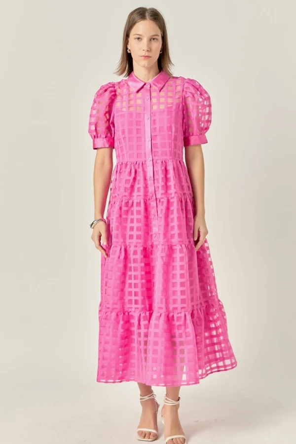 ENGLISH FACTORY Tops*- Gridded Organza Tiered Puff Sleeve Maxi Dress