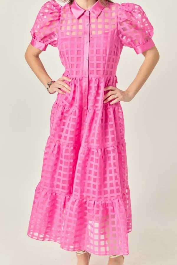 ENGLISH FACTORY Tops*- Gridded Organza Tiered Puff Sleeve Maxi Dress