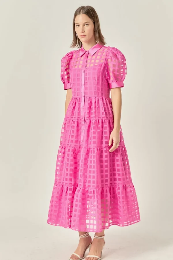 ENGLISH FACTORY Tops*- Gridded Organza Tiered Puff Sleeve Maxi Dress
