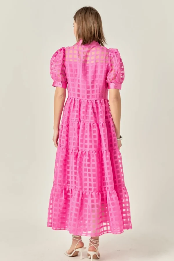 ENGLISH FACTORY Tops*- Gridded Organza Tiered Puff Sleeve Maxi Dress