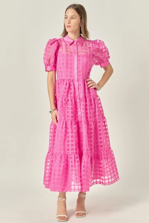 ENGLISH FACTORY Tops*- Gridded Organza Tiered Puff Sleeve Maxi Dress