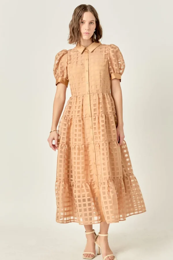 ENGLISH FACTORY Tops*- Gridded Organza Tiered Puff Sleeve Maxi Dress