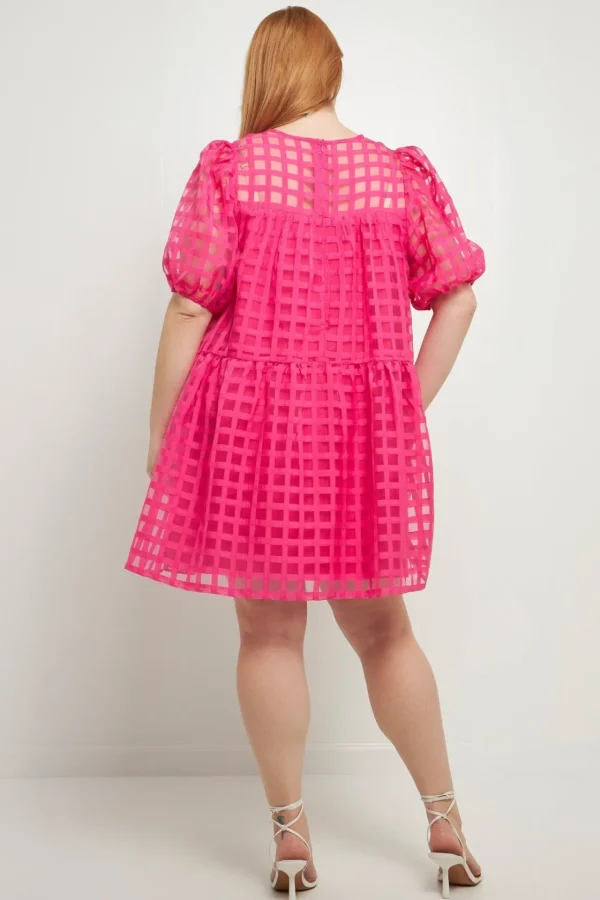 ENGLISH FACTORY Tops*- Gridded Puff Sleeve Dress FUCHSIA
