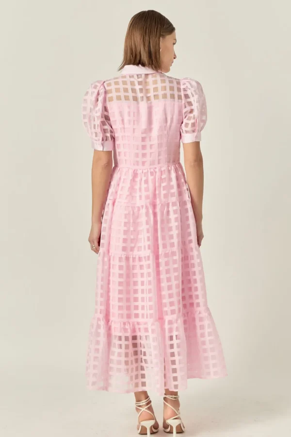 ENGLISH FACTORY Tops*- Gridded Organza Tiered Puff Sleeve Maxi Dress
