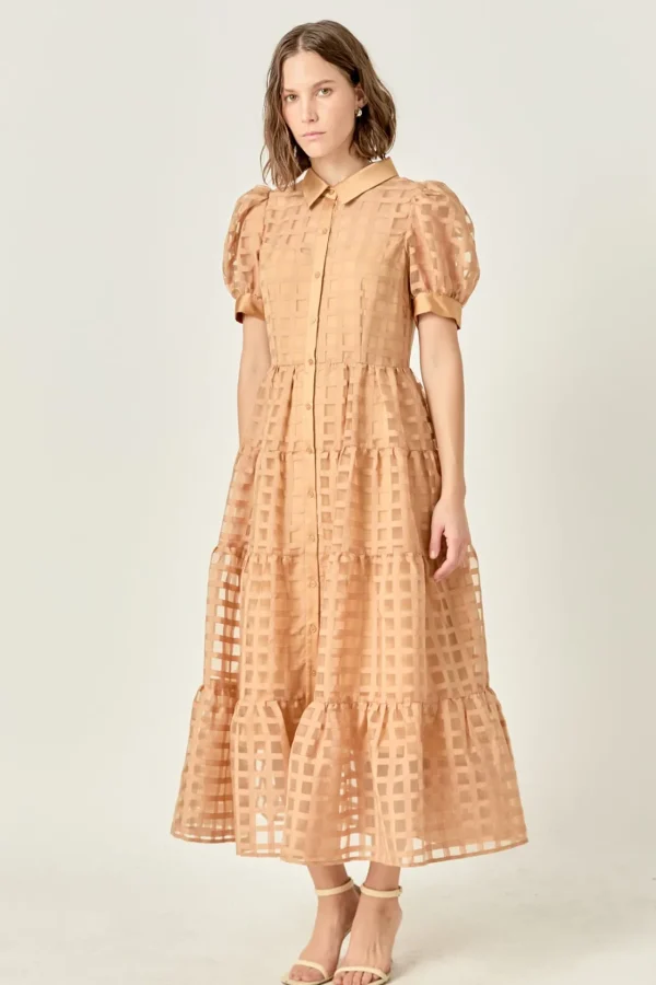 ENGLISH FACTORY Tops*- Gridded Organza Tiered Puff Sleeve Maxi Dress